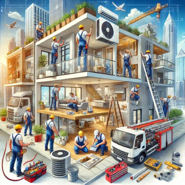 Illustration of a maintenance and renovation team working across a building in Dubai — AC, plumbing, electrical, painting and tiling