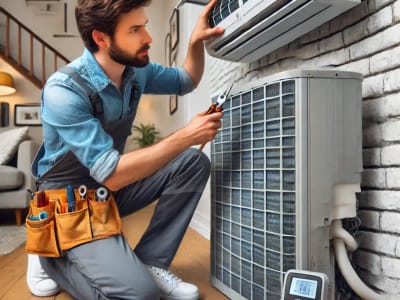 A technician checking a residential air-conditioning unit with tools