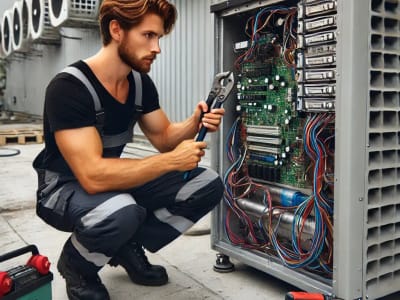 A technician servicing the wiring of a large outdoor chiller unit