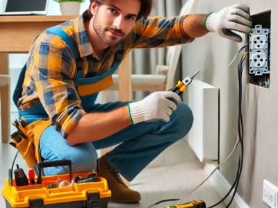 A technician using a toolbox to repair a wall socket in a home