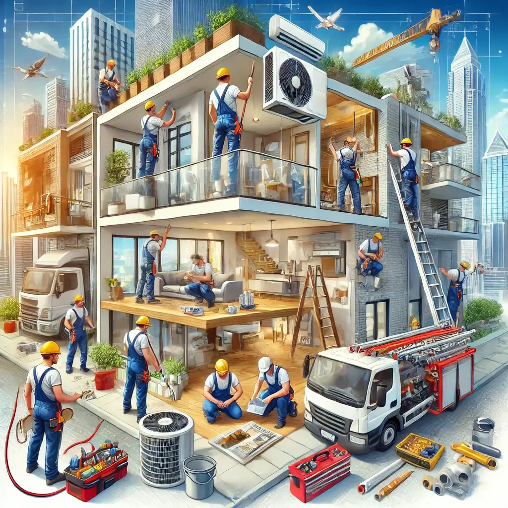 DALL·E 2025-02-28 07.26.17 - A professional maintenance and renovation team working on a modern building in Dubai. The image showcases workers performing AC repair, plumbing, elec (1)